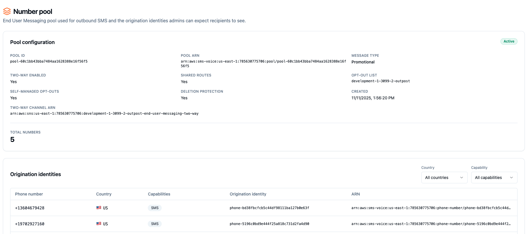 The Number Pool page showing pool configuration