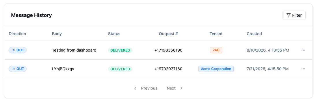 Message History and Event History tables on a phone page