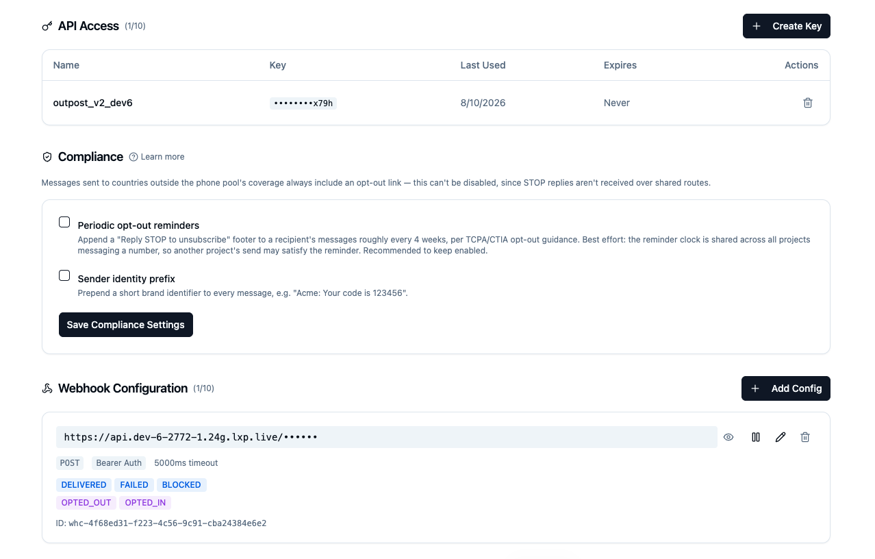 API Access, Compliance, and Webhook Configuration sections of a project